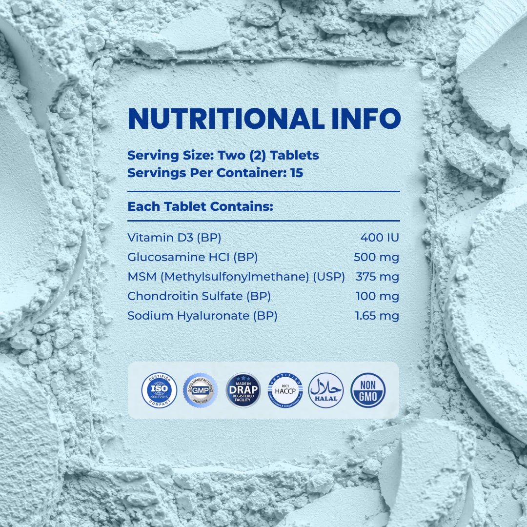 Nutrifactor Flexilax Supplement Facts – Vitamin D3 400IU, Glucosamine HCl 500mg, MSM 375mg, Chondroitin Sulfate 100mg, Sodium Hyaluronate 1.65mg – ISO, GMP, DRAP, Halal, Non-GMO Certified