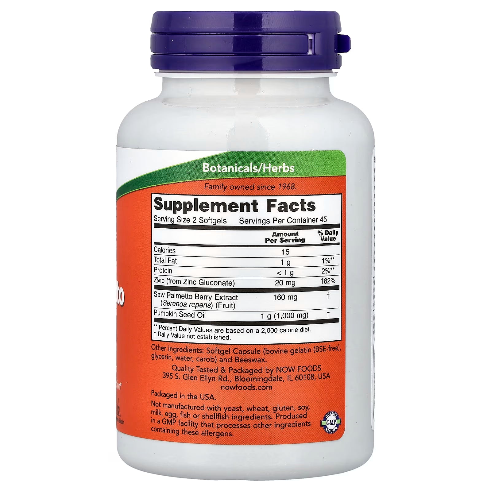 NOW Foods Saw Palmetto Extract Supplement Facts – Serving Size 2 Softgels, Zinc 20mg, Saw Palmetto Berry Extract 160mg, Pumpkin Seed Oil 1g – GMP Quality Assured, NOW Foods USA