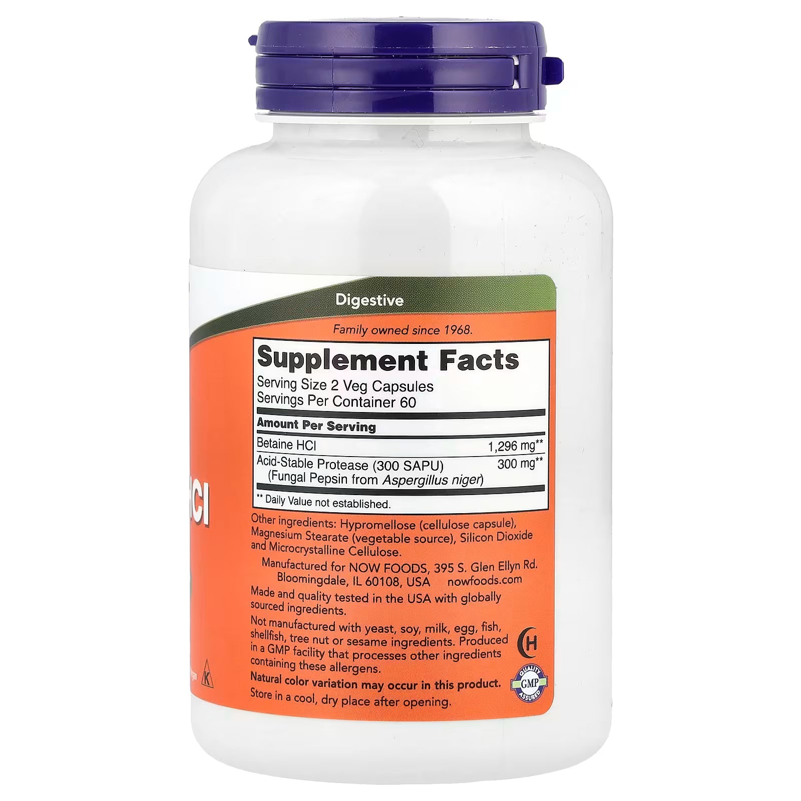 NOW Foods Betaine HCl 648mg Supplement Facts - Serving Size 2 Veg Capsules, Betaine HCl 1296mg, Acid-Stable Protease 300mg 300 SAPU Fungal Pepsin, GMP Quality Assured, Family Owned Since 1968 - docxora.com
