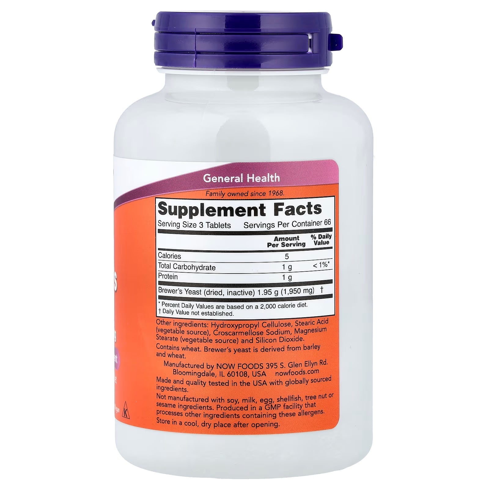 NOW Foods Brewer's Yeast Supplement Facts – Serving Size 3 Tablets, Brewer's Yeast 1,950mg per serving, Protein 1g, GMP Quality Assured, Made in USA – docxora.com
