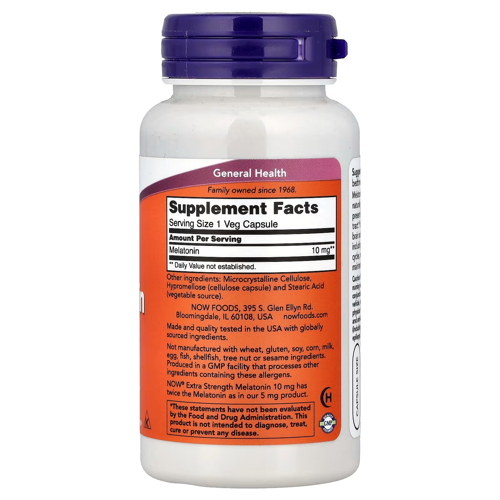 NOW Foods Extra Strength Melatonin 10mg Supplement Facts – Serving Size 1 Veg Capsule, Melatonin 10mg per serving, Other Ingredients Microcrystalline Cellulose Hypromellose Stearic Acid, GMP Quality Assured, Made in USA – docxora.com
