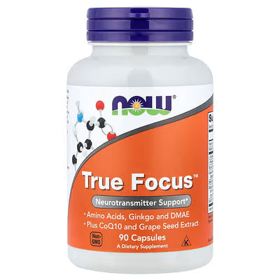 NOW True Focus™ 90 Veg Capsules - Neurotransmitter Support with Amino Acids, Ginkgo, DMAE, CoQ10 and Grape Seed Extract - Non-GMO, 90 Veg Capsules by NOW Foods USA