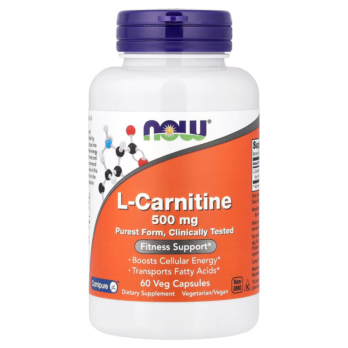 NOW Foods L-Carnitine 500 mg, 60 Veg Capsules, front view of bottle on white background | docxora.com Pakistan