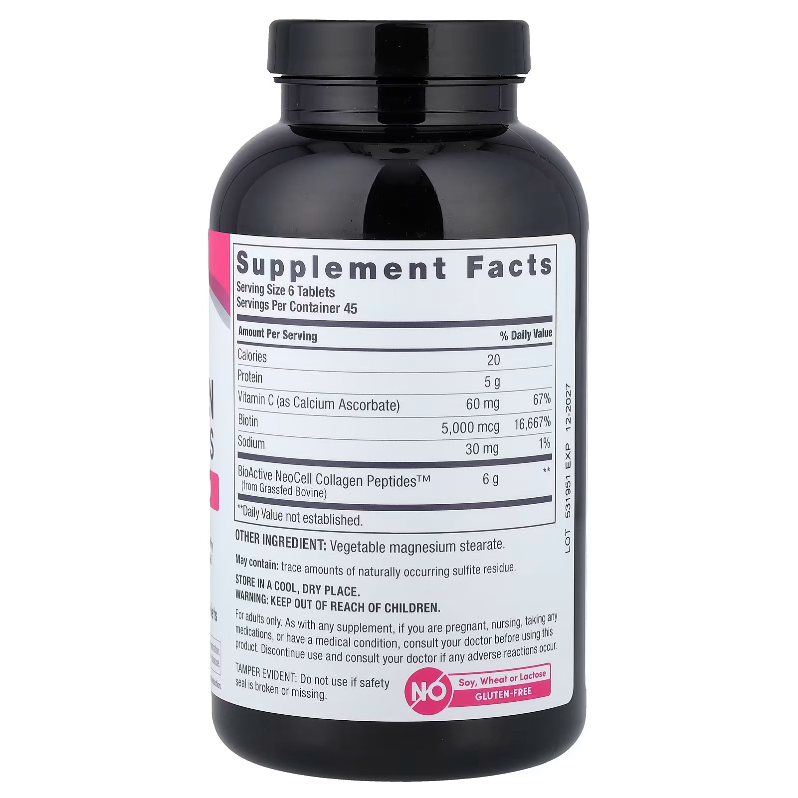 NeoCell Collagen Peptides Supplement Facts Panel - 6000mg Collagen, Vitamin C 60mg, Biotin 5000mcg - 270 Tablets Gluten-Free No Soy Wheat Lactose