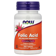 NOW Foods Folic Acid 800 mcg with Vitamin B-12, 250 tablets, front-view bottle – docxora.com Pakistan