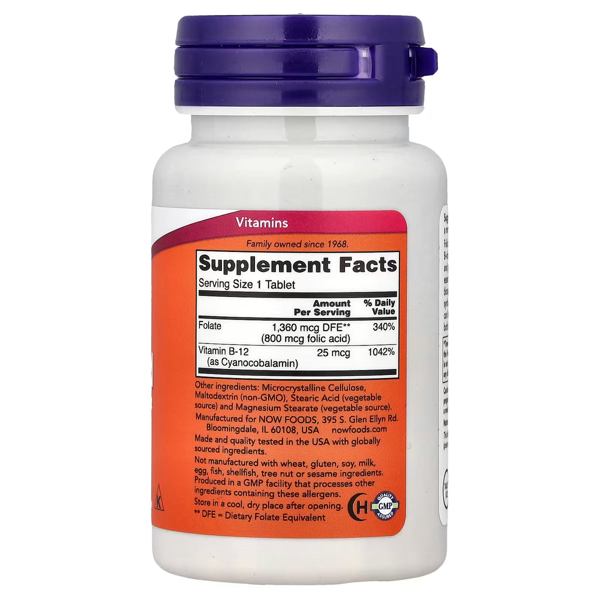 NOW Foods Folic Acid 800 mcg bottle showing Supplement Facts with Vitamin B-12 25 mcg and ingredients – docxora.com Pakistan