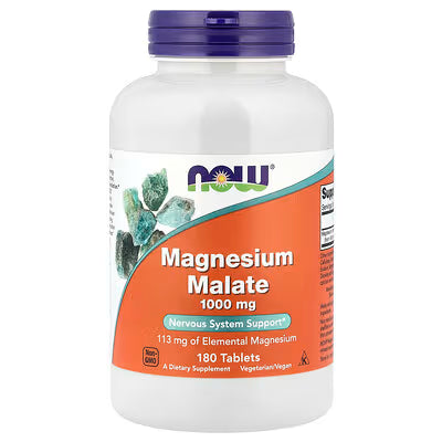 NOW Foods Magnesium Malate 1000mg 180 Tablets - Nervous System Support, 113mg Elemental Magnesium per serving - Vegetarian/Vegan, Non-GMO by NOW Foods USA