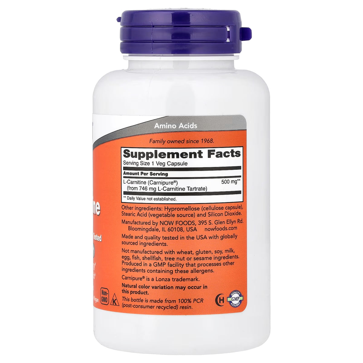 NOW Foods L-Carnitine 500 mg, 60 Veg Capsules, back view showing Supplement Facts and ingredients | docxora.com Pakistan
