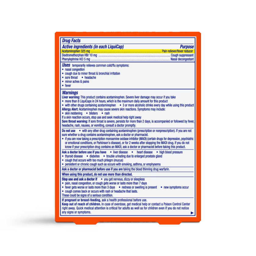 Vicks DayQuil Cold & Flu 24 LiquiCaps package showing Drug Facts and usage warnings, available at docxora.com Pakistan