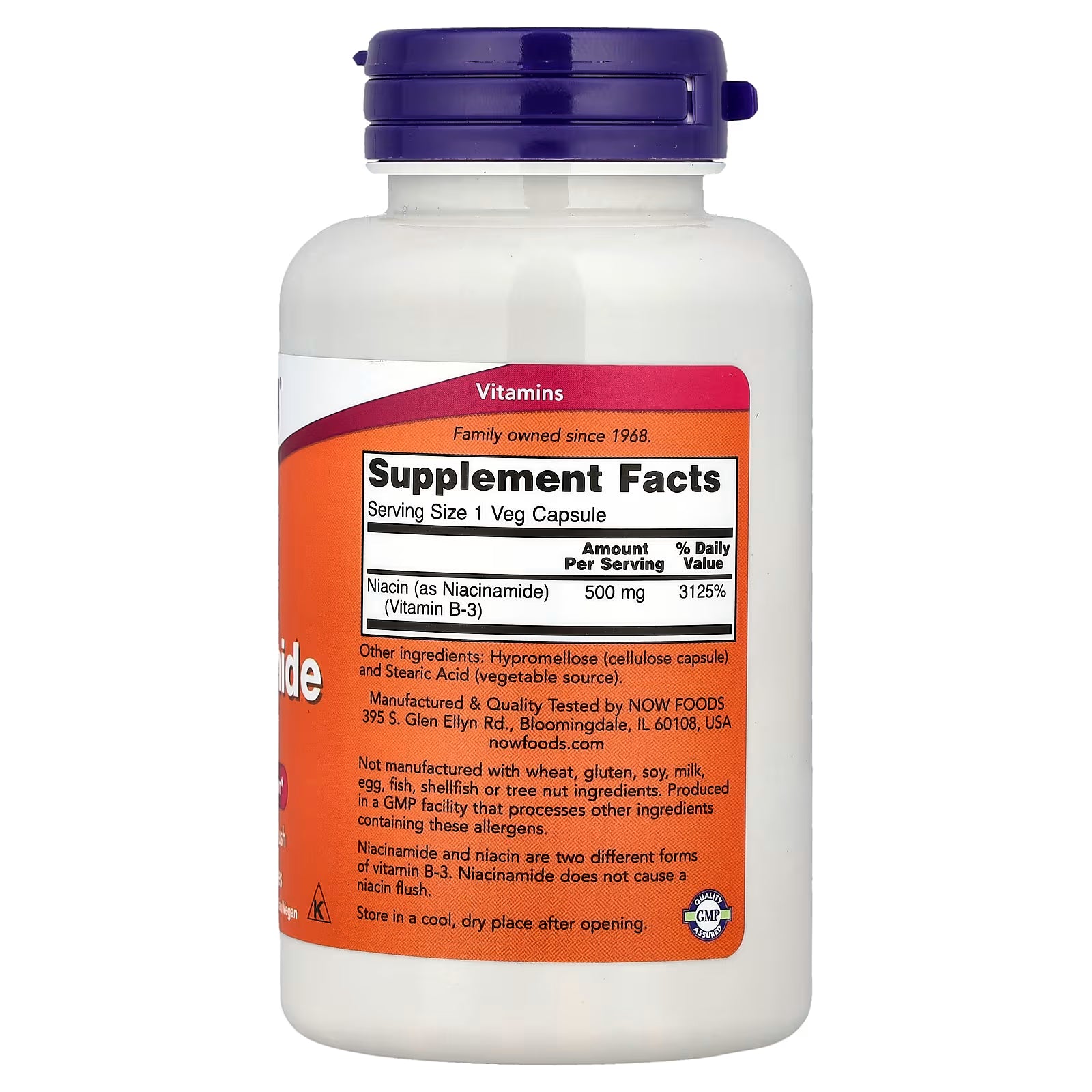 NOW Foods Niacinamide 500mg Supplement Facts Label - Serving Size 1 Veg Capsule, Niacin as Niacinamide (Vitamin B-3) 500mg 3125% DV, Other Ingredients Hypromellose Stearic Acid, GMP Quality Assured, Family Owned Since 1968 - docxora.com
