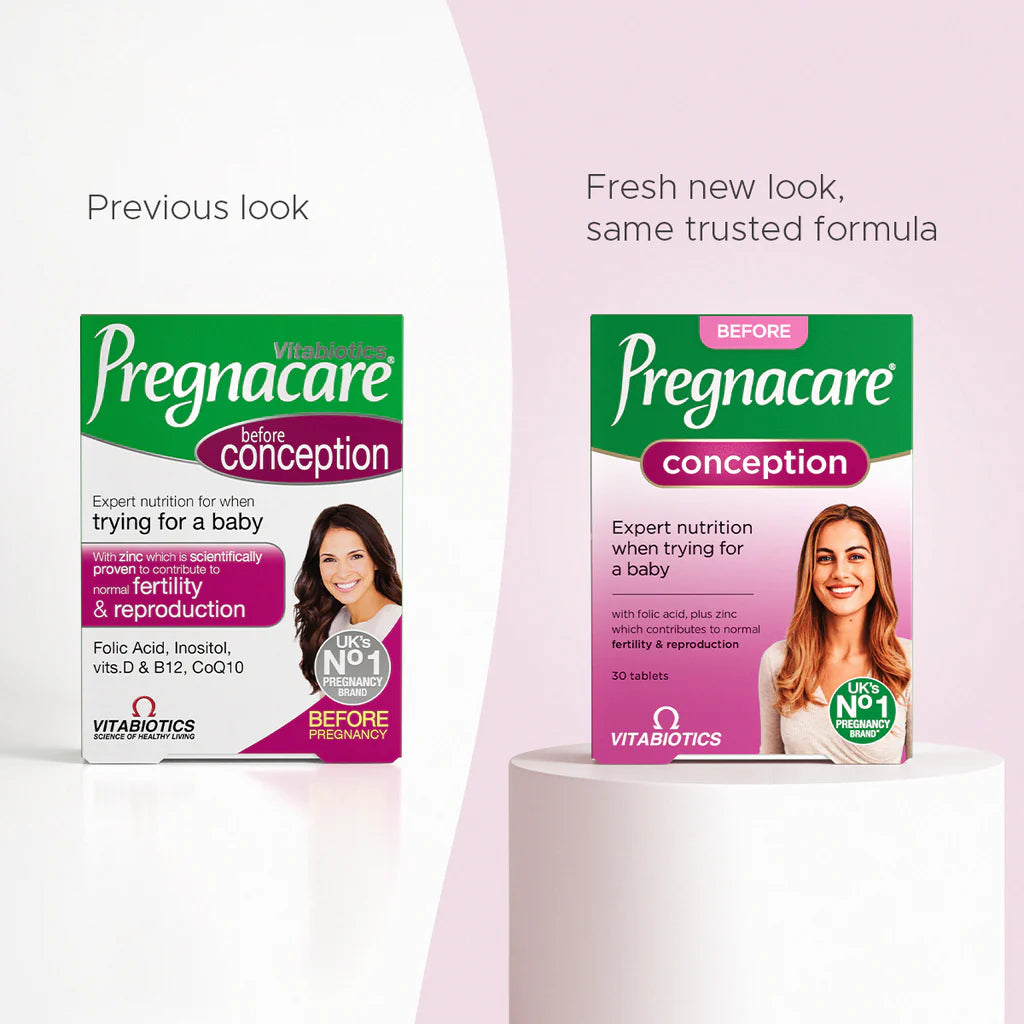 Pregnacare Before Conception 30 Tablets – Previous vs New Packaging by Vitabiotics – Same Trusted Formula – Available at docxora.com Pakistan
