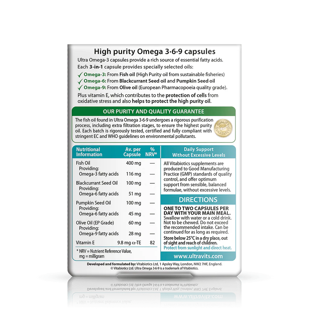 Vitabiotics Ultra Omega 3-6-9 Supplement Facts – Fish Oil 400mg (Omega-3 116mg), Blackcurrant Seed Oil 100mg, Pumpkin Seed Oil 100mg, Olive Oil 60mg, Vitamin E 9.8mg – High Purity, EC & WHO Compliant, GMP Certified – docxora.com Pakistan
