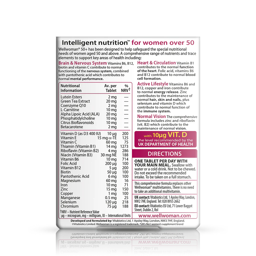 Vitabiotics Wellwoman 50+ Supplement Facts – 26 Nutrients for Women Over 50 – Brain, Heart, Energy, Vision & Immune Support – Vitamin D 10mcg, CoQ10, Lutein, Folic Acid & More – docxora.com Pakistan
