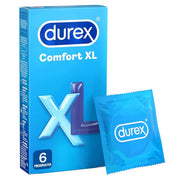 Durex Comfort XL packaging with a single condom packet on a white background