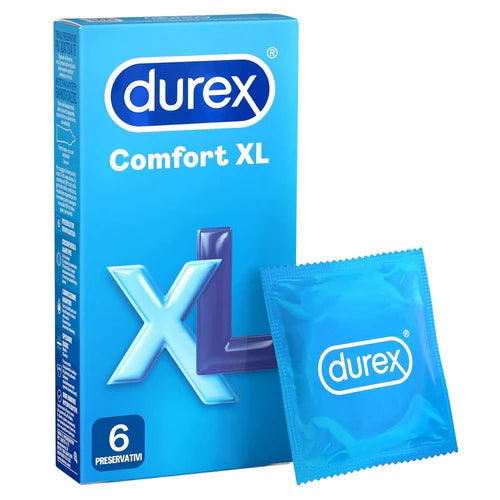 Durex Comfort XL packaging with a single condom packet on a white background