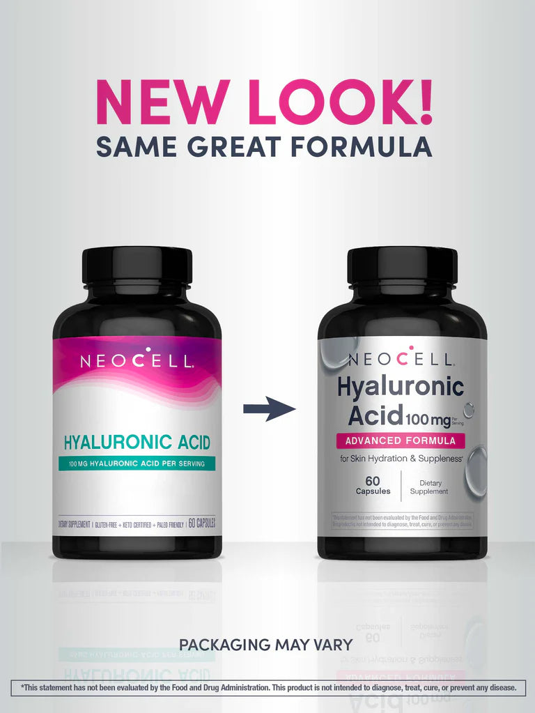 NeoCell Hyaluronic Acid 100mg Advanced Formula, 60 Capsules – New Look Same Great Formula, for Skin Hydration & Suppleness, Packaging May Vary
