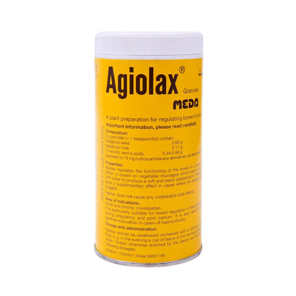 Agiolax granules yellow container with white lid, front view on a white background – docxora.com Pakistan.⠋