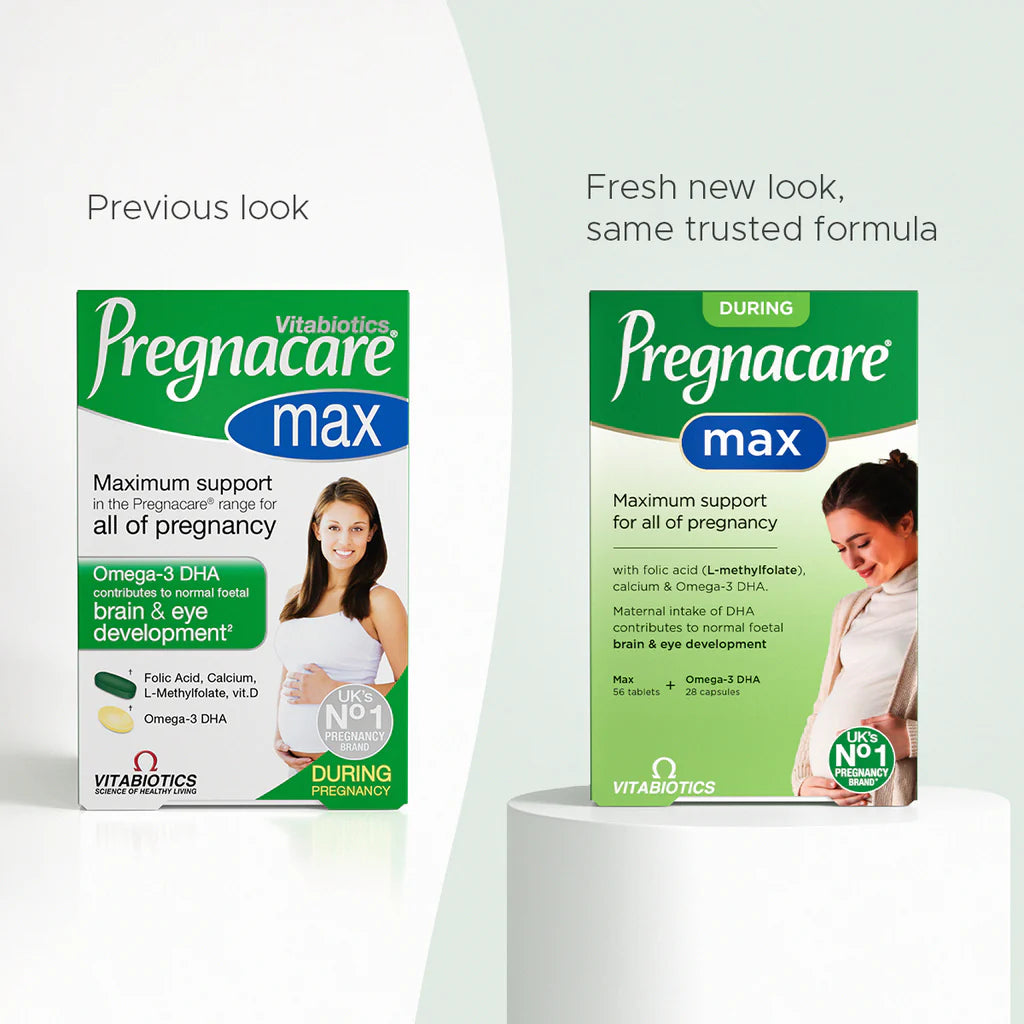 Vitabiotics Pregnacare Max New vs Old Packaging Comparison – Same Trusted Formula with Fresh New Look – Maximum Support for All of Pregnancy – docxora.com Pakistan
