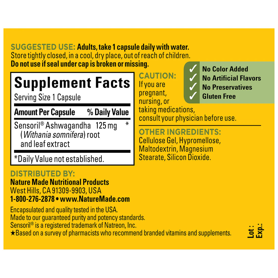 Nature Made Ashwagandha 125mg Supplement Facts – Sensoril Ashwagandha (Withania somnifera) 125mg, Gluten Free, No Artificial Flavors, Encapsulated & Quality Tested in USA – docxora.com
