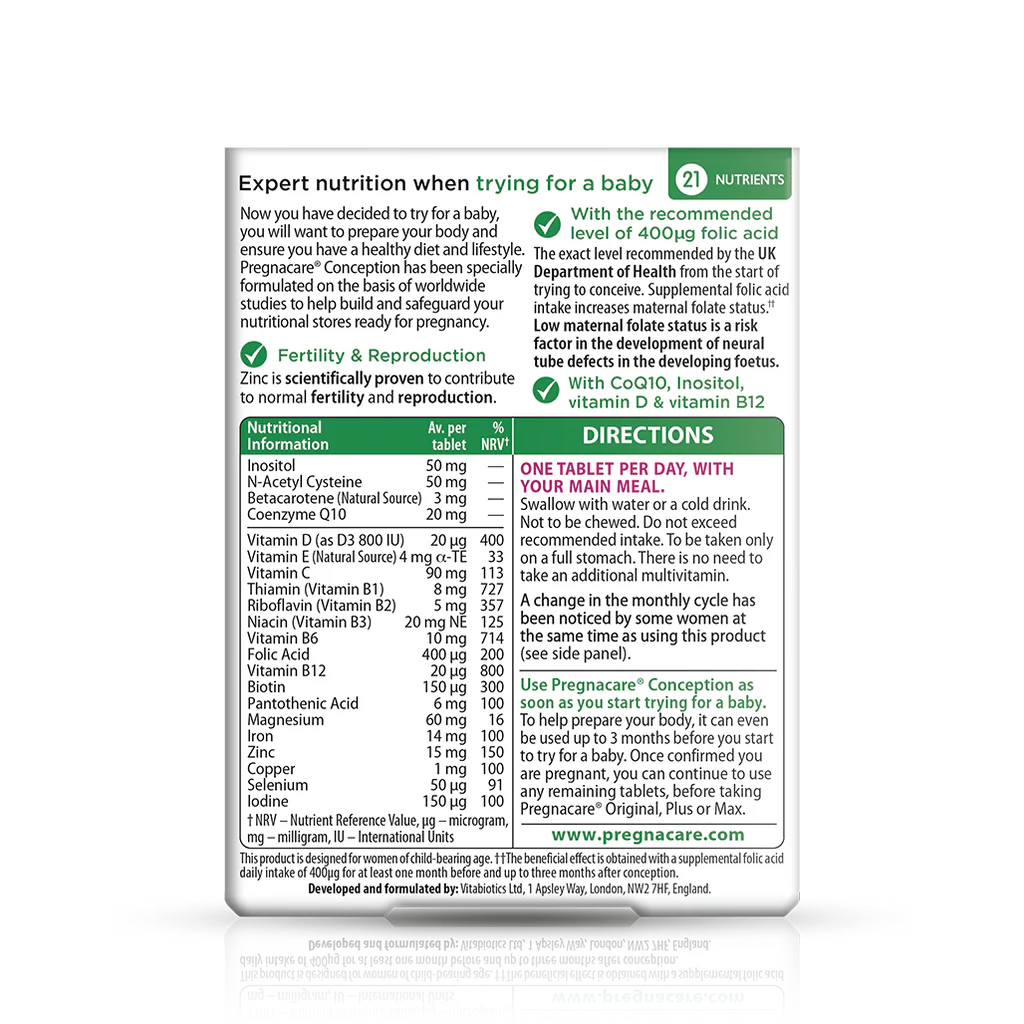 Pregnacare Conception Supplement Facts – 21 Nutrients including Folic Acid 400mcg, Zinc 15mg, CoQ10, Inositol, Vitamin D & B12 – Directions & Nutritional Info – Vitabiotics – docxora.com Pakistan
