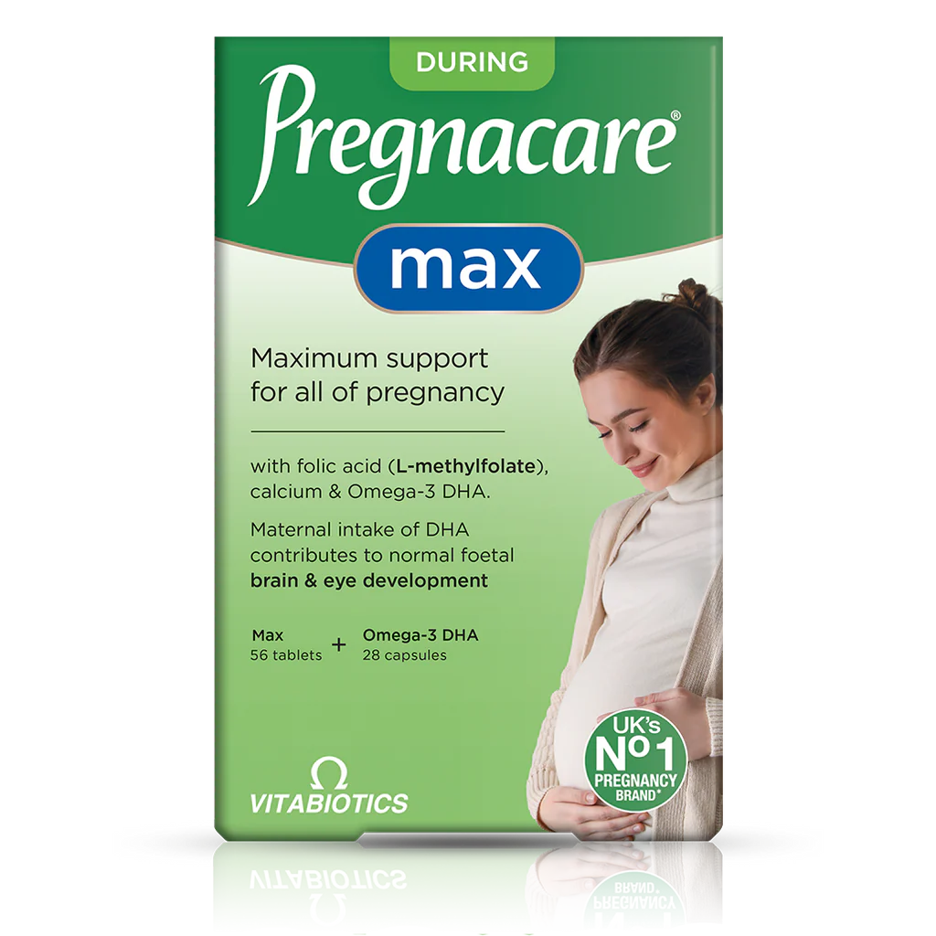 Vitabiotics Pregnacare Max During Pregnancy – 56 Multi-Nutrient Tablets + 28 Omega-3 DHA Capsules – Folic Acid (L-Methylfolate), Calcium & Omega-3 DHA – UK's No.1 Pregnancy Brand – Available at docxora.com Pakistan
