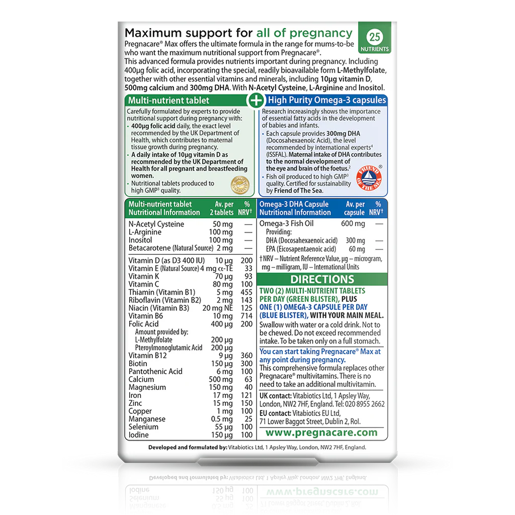 Vitabiotics Pregnacare Max Supplement Facts – 25 Nutrients including Folic Acid 400mcg, Vitamin D 10mcg, Calcium 500mg, Omega-3 DHA 300mg, L-Methylfolate, Iron, Zinc, Iodine – GMP Quality – docxora.com Pakistan
