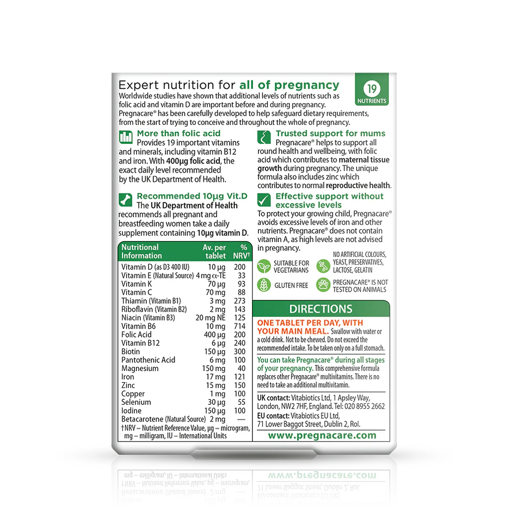 Vitabiotics Pregnacare Original Tablets – Back of Pack – Supplement Facts, Ingredients & Directions – 30 Tablets – Available in Pakistan at Docxora