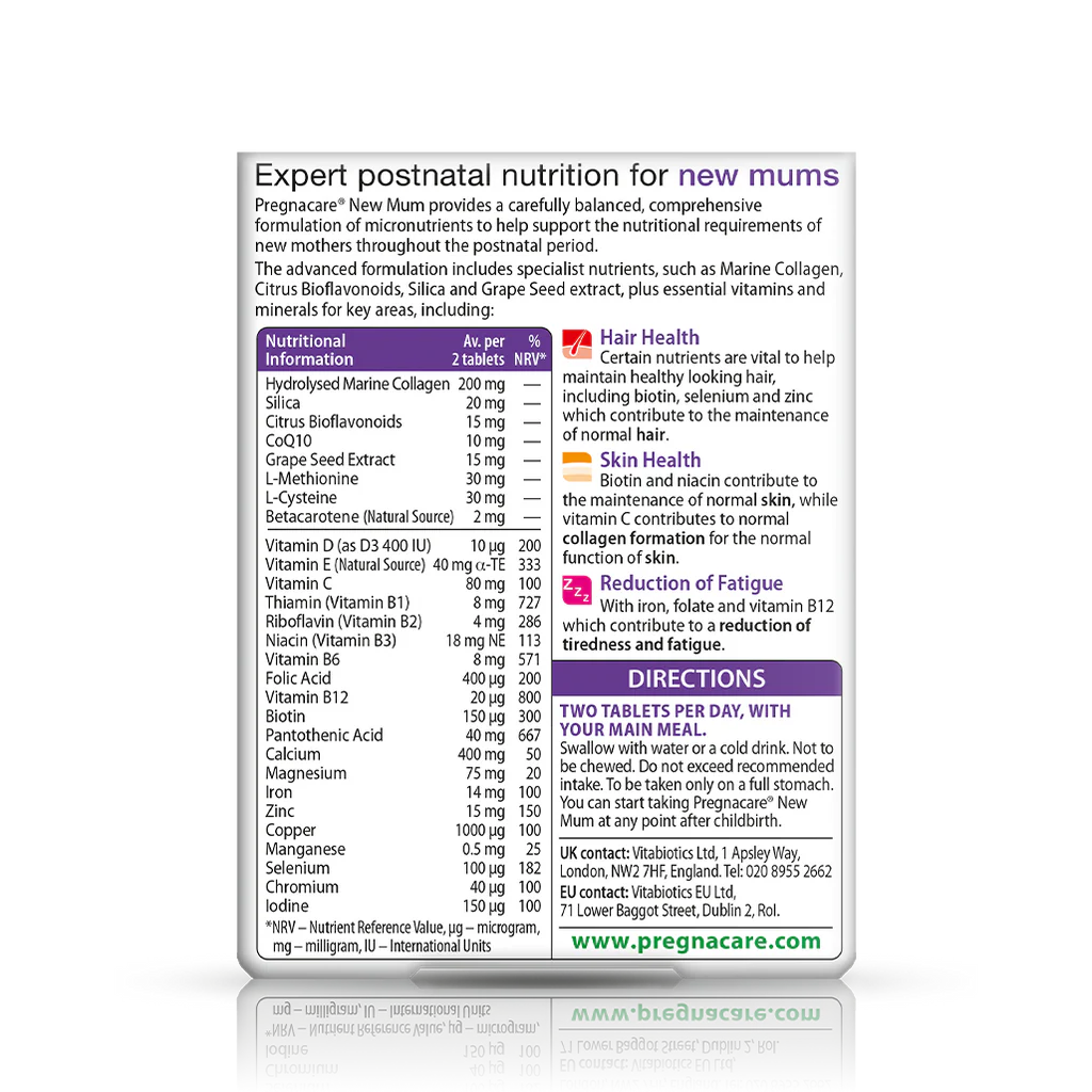Vitabiotics Pregnacare New Mum — Nutritional Information Back Panel showing Marine Collagen, Biotin, Zinc, Folic Acid & 28 nutrients for postnatal nutrition, docxora.com Pakistan