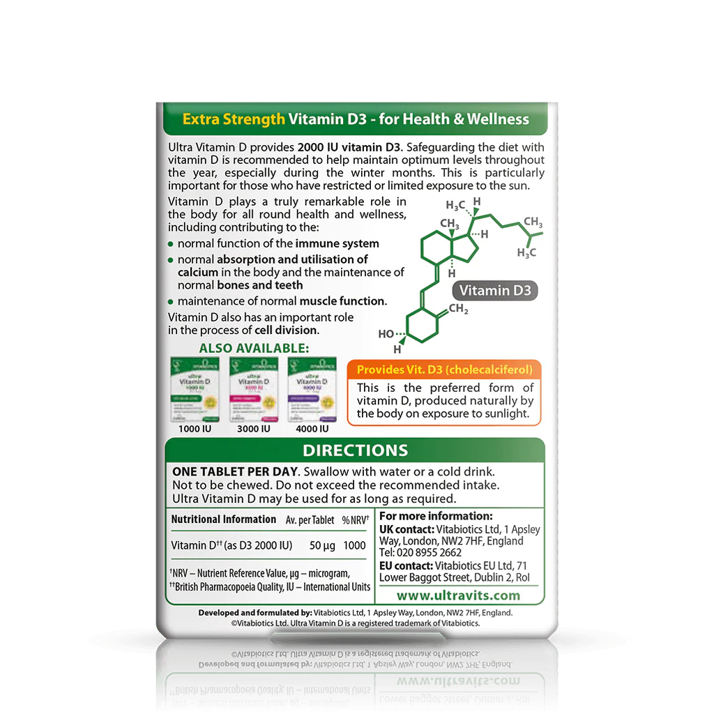 Vitabiotics Ultra Vitamin D3 2000 IU Back Label – 50mcg per Tablet, 1000% NRV, Extra Strength, Supports Immune System, Bone Health & Muscle Function, One Tablet Per Day – docxora.com Pakistan
