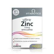 Vitabiotics Ultra Zinc 15mg with Copper grey and white box, suitable for vegetarians and vegans – docxora.com Pakistan.
