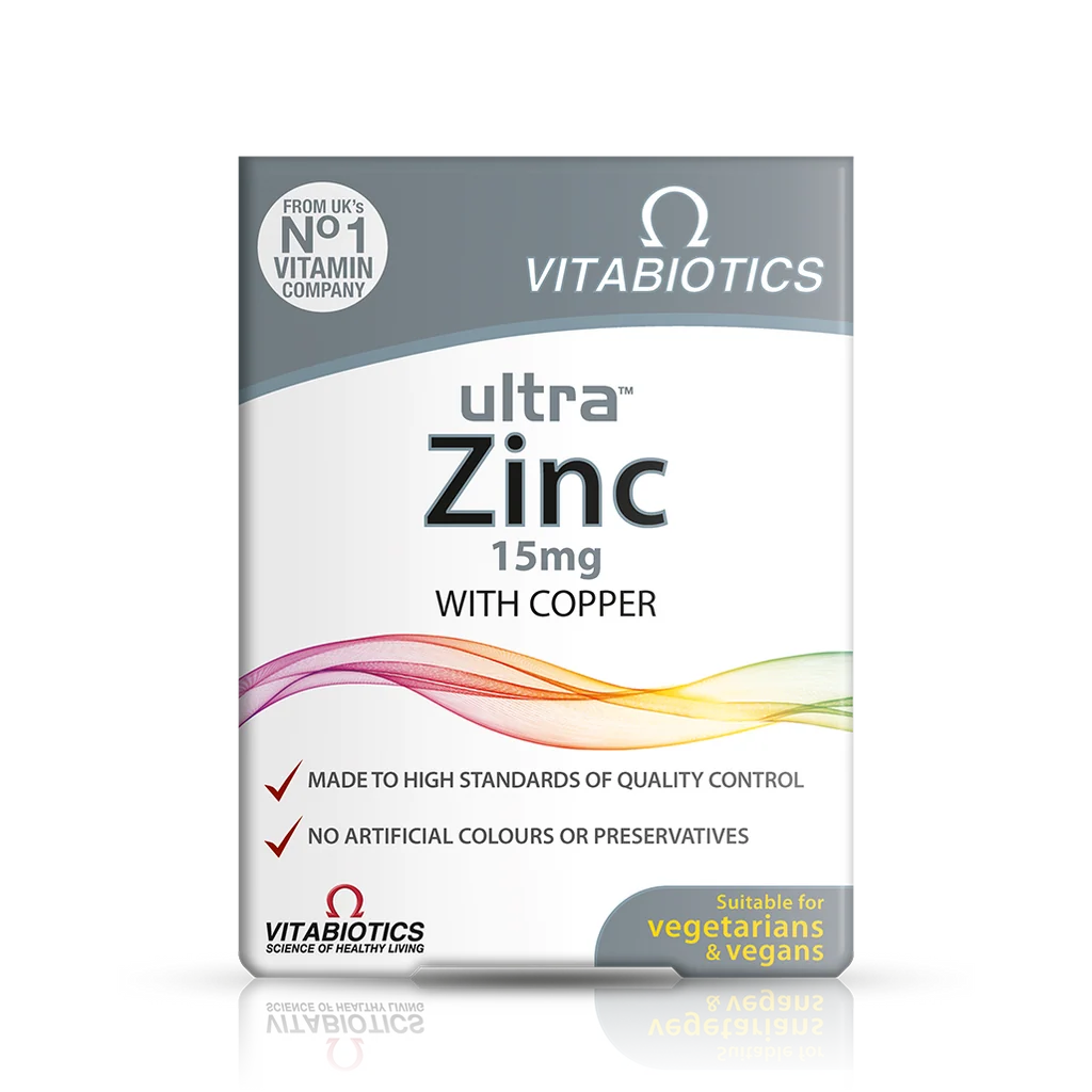 Vitabiotics Ultra Zinc 15mg with Copper grey and white box, suitable for vegetarians and vegans – docxora.com Pakistan.
