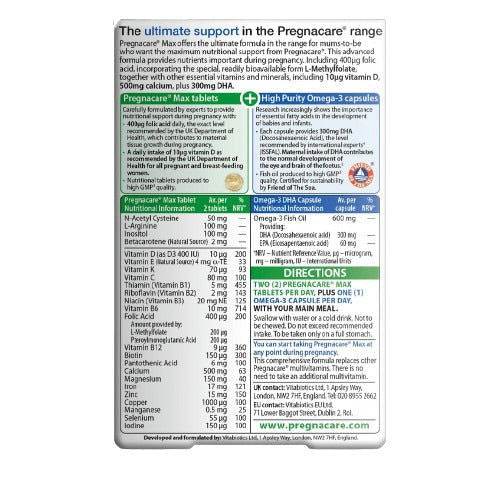 Vitabiotics Pregnacare Max — Back Panel showing Nutritional Information for Max Tablets (56 nutrients) and High Purity Omega-3 DHA Capsules (300mg DHA), docxora.com Pakistan