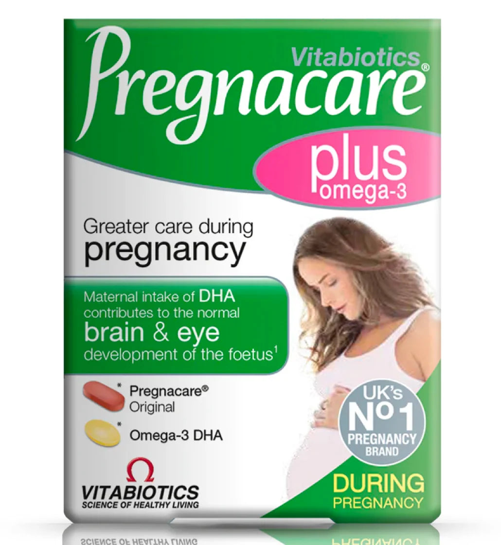 Copy-paste ke liye alt text:

`Vitabiotics Pregnacare Plus Omega-3 pregnancy supplement with Pregnacare Original and Omega-3 DHA tablets, available at docxora.com Pakistan`