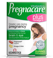 Copy-paste ke liye alt text:

`Vitabiotics Pregnacare Plus Omega-3 pregnancy supplement with Pregnacare Original and Omega-3 DHA tablets, available at docxora.com Pakistan`