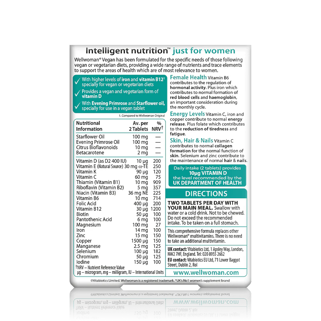 Vitabiotics Wellwoman Vegan Supplement Facts Label – 24 Nutrients including Iron 14mg, Vitamin B12 30mcg, Folic Acid 400mcg, Vitamin D 10mcg, Zinc, Selenium – 2 Tablets Daily – docxora.com Pakistan
