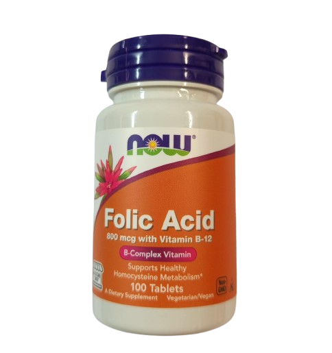 "NOW Foods Folic Acid 800mcg with Vitamin B-12 – 100 Tablets | B-Complex Vitamin | Supports Healthy Homocysteine Metabolism | Vegetarian Vegan Non-GMO Dietary Supplement"