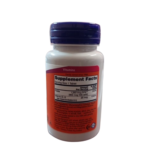 Folate: 1,360mcg DFE — 340% DV (800mcg folic acid)
Vitamin B-12 (Cyanocobalamin): 25mcg — 1,042% DV
Other Ingredients: Microcrystalline Cellulose, Stearic Acid (vegetable), Croscarmellose Sodium, Silicon Dioxide, Magnesium Stearate (vegetable)
Allergen Info: Free from yeast, wheat, gluten, soy, milk, egg, fish, shellfish & tree nuts
Vegetarian & Vegan | Non-GMO | GMP certified