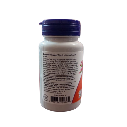 Suggested Usage: 1 tablet daily with a meal
About Folic Acid: DNA synthesis, red blood cell formation & homocysteine-to-methionine conversion explanation
Caution: Pregnancy/nursing advisory, medication consultation & storage instructions
FDA Disclaimer included