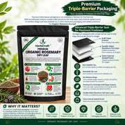 HerbCraft Organic Rosemary Dry Leaf premium triple-barrier packaging infographic showing kraft paper exterior, double-sided aluminum foil inner layer, extra internal sealed pouch, no-window design and heat-sealable top, available at docxora.com Pakistan
