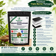 HerbCraft organic powder premium triple-barrier packaging infographic showing kraft paper exterior, double-sided aluminum foil inner layer, extra internal sealed pouch, no-window design and heat-sealable top, available at docxora.com Pakistan
