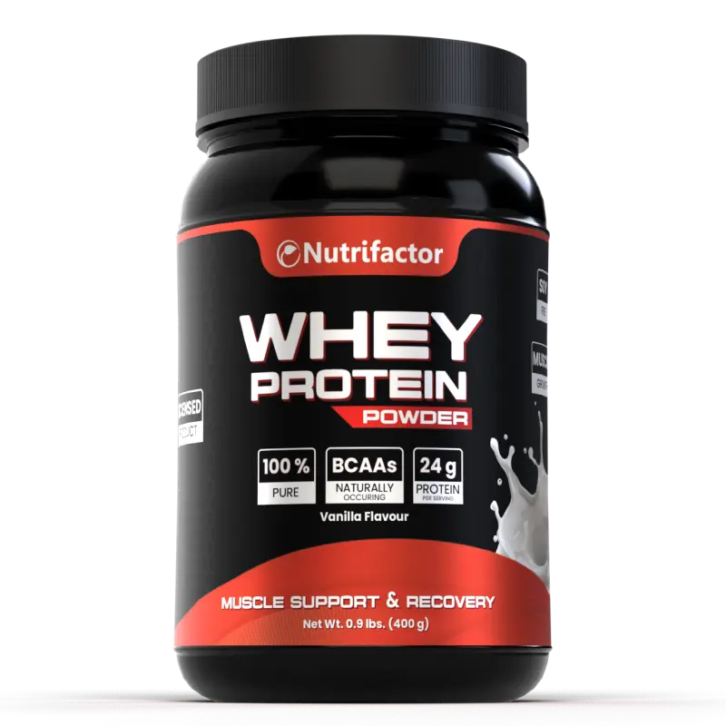 Nutrifactor Whey Protein Powder 400g – 24g Protein, Naturally Occurring BCAAs, 100% Pure, Muscle Support & Recovery, Vanilla Flavour – docxora.com Pakistan
