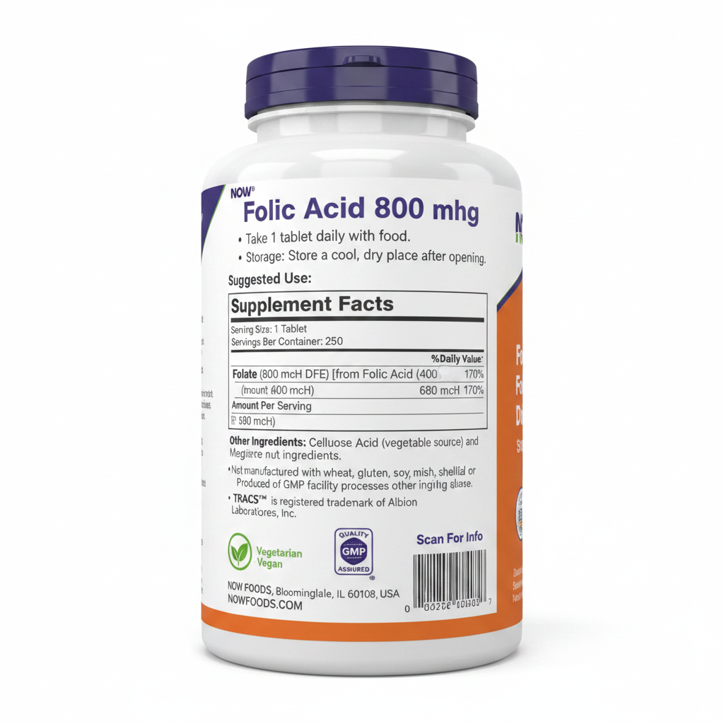 NOW Foods Folic Acid 800mcg Back Label – Suggested Usage, DNA Synthesis & Homocysteine Metabolism Support, Barcode 733739004765 – docxora.com Pakistan
