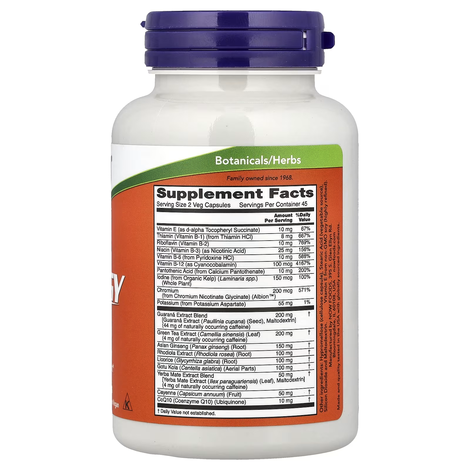 NOW Foods ENERGY BOOST Supplement Facts Label - B Vitamins Guarana Green Tea Ginseng Rhodiola CoQ10 90 Veg Capsules USA