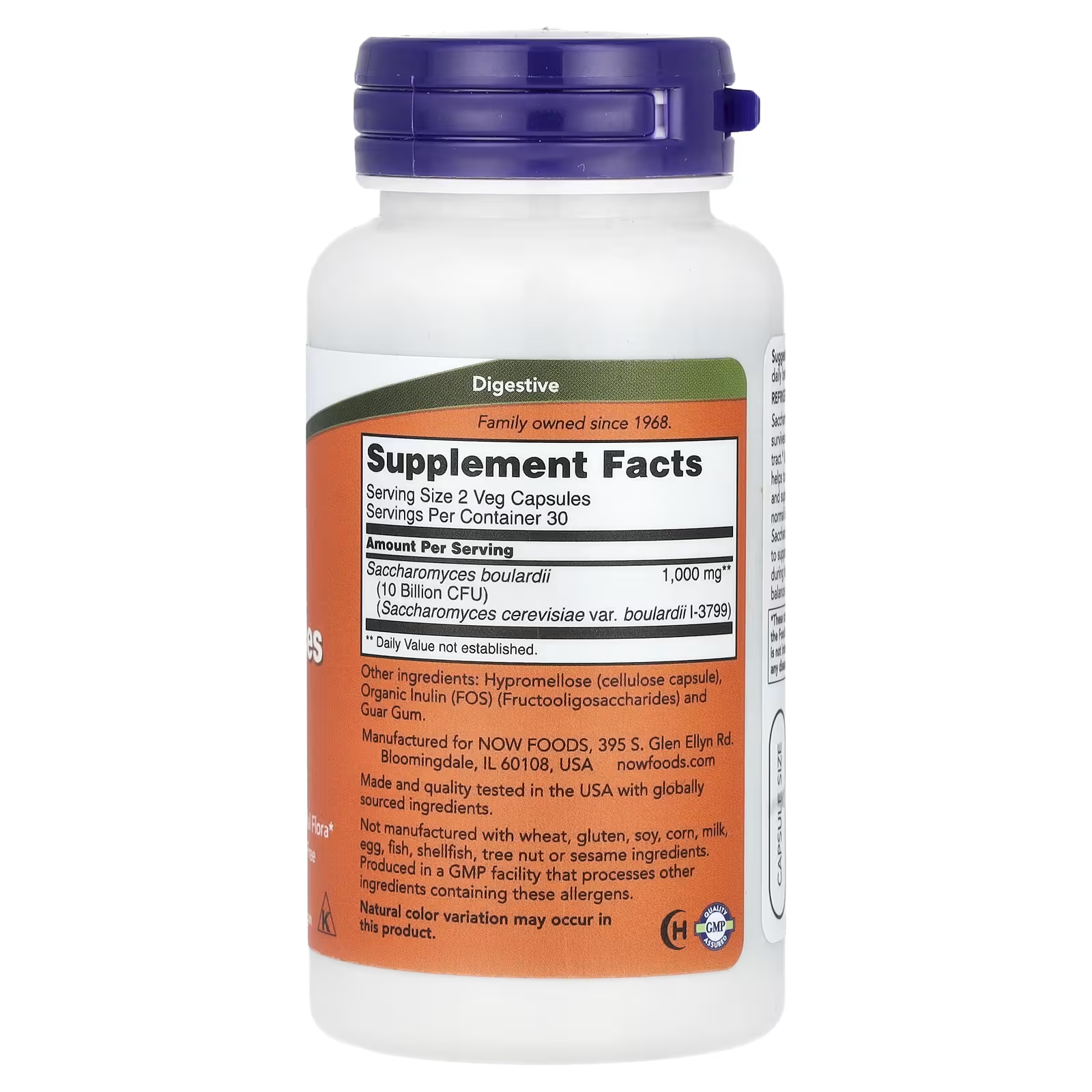 NOW Foods Saccharomyces Boulardii Supplement Facts Label – 10 Billion CFU per Serving, Organic Inulin FOS, GMP Certified, Made in USA | Docxora.com Pakistan