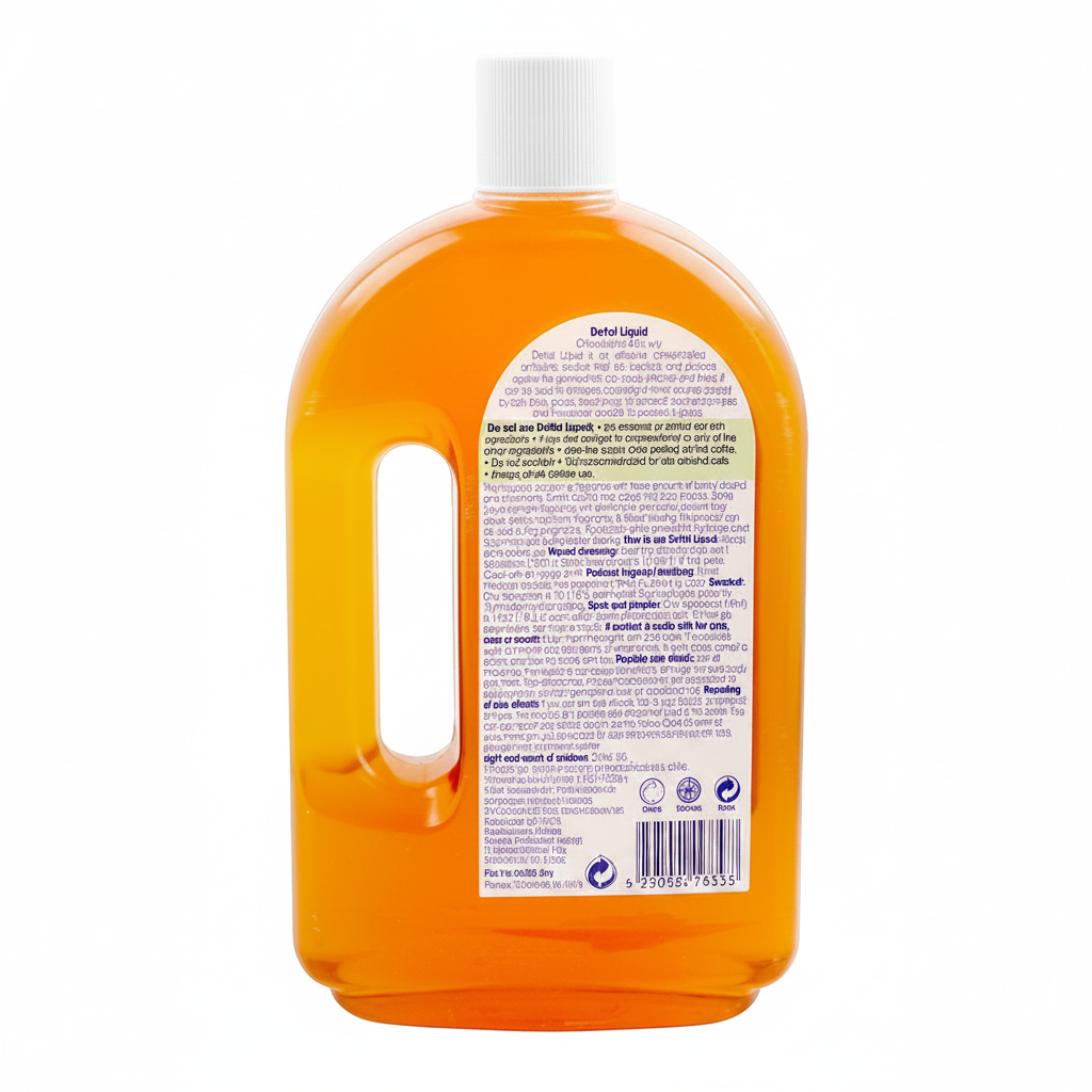 Dettol Liquid Antiseptic 750ml bottle back label view on a white background, available at docxora.com Pakistan
