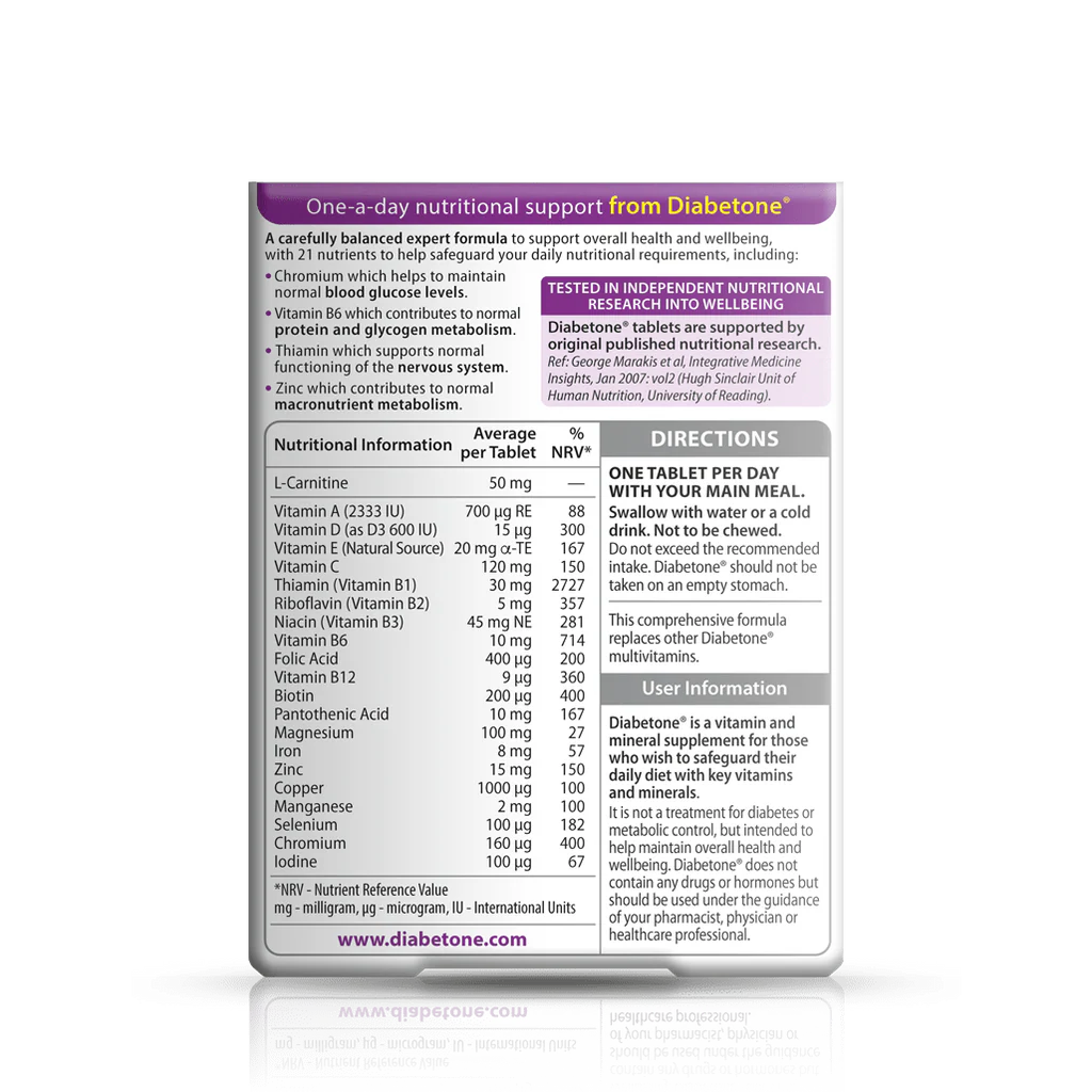 Vitabiotics Diabetone Original Supplement Facts – 21 Nutrients per Tablet including Chromium 160µg, L-Carnitine 50mg, Vitamin D 15µg, Zinc 15mg, Selenium 100µg – No Drugs or Hormones – GMP Certified, Made in UK – docxora.com Pakistan
