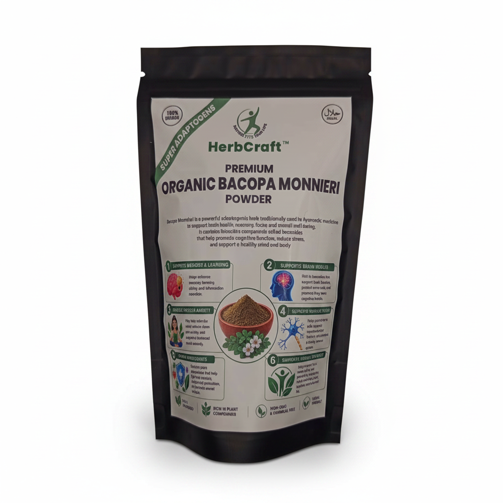 HerbCraft Premium Organic Bacopa Monnieri Powder pouch on a clean white background, showing the front label with HerbCraft branding, organic and halal icons, Bacopa Monnieri powder and wellness benefit illustrations, available in Pakistan at docxora.com