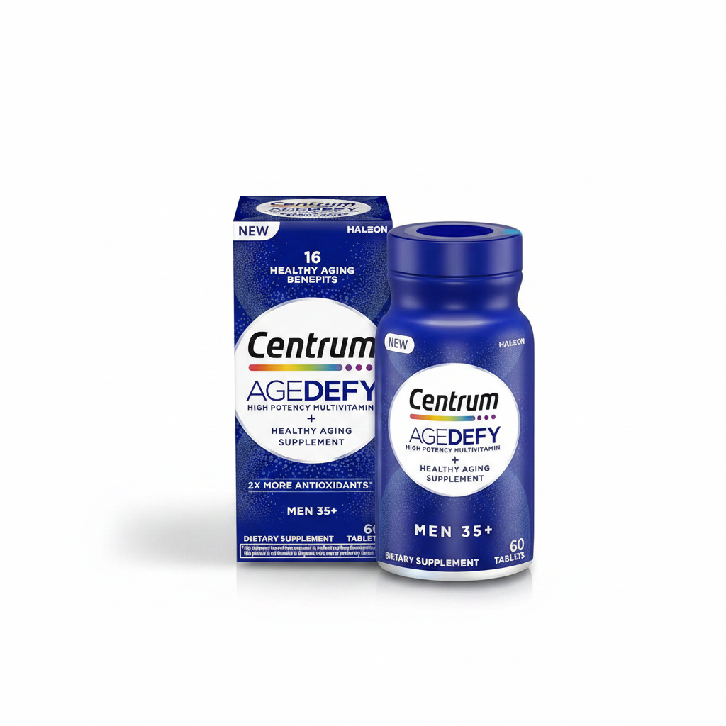 Copy-paste ke liye alt text:

`Centrum Agedefy high potency multivitamin for men 35+, 60 tablets, bottle and box on a clean white background, available at docxora.com Pakistan`