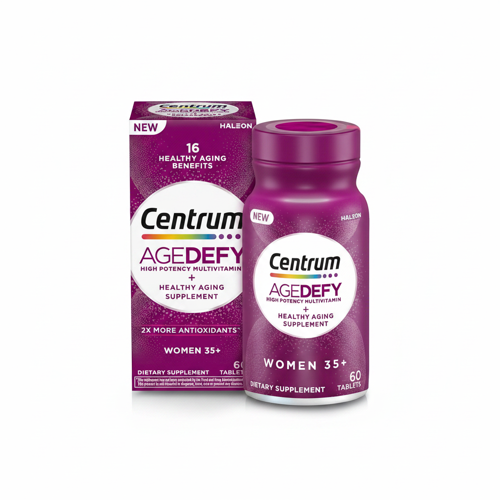 Copy-paste ke liye alt text:

`Centrum Agedefy high potency multivitamin for women 35+, 60 tablets, bottle and box on a white background, available at docxora.com Pakistan`