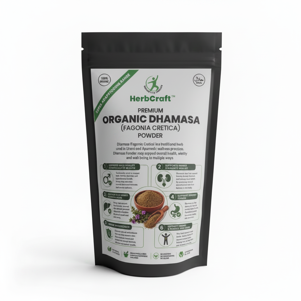 HerbCraft Premium Organic Dhamasa Powder (Fagonia cretica) front pouch on a clean white background, showing organic and halal product branding, available in Pakistan at docxora.com
